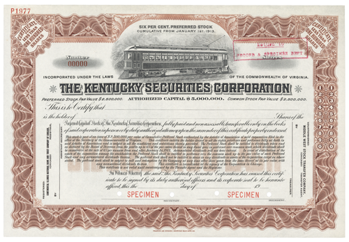 The Kentucky Securities Corporation. Stock Certificate.