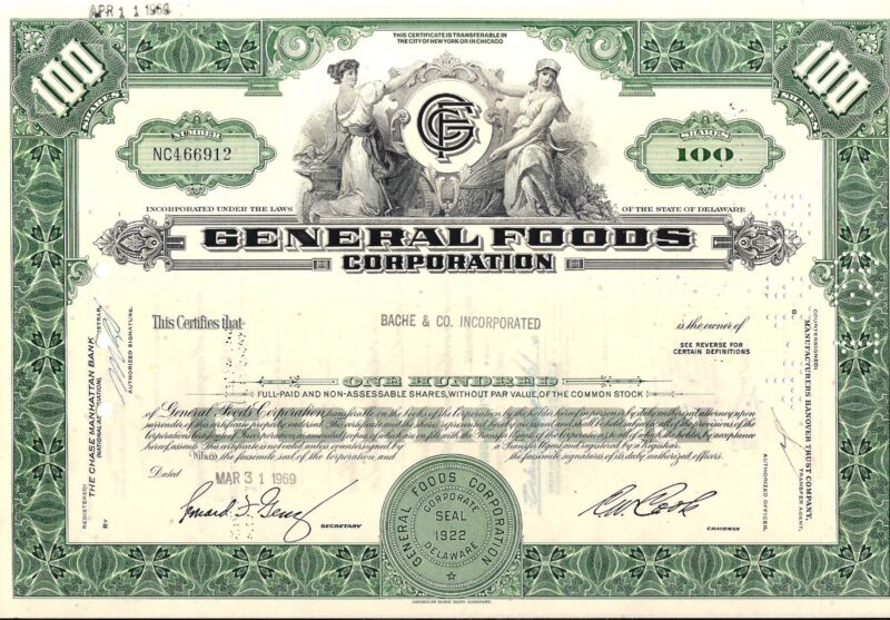 Stock certificate General Foods Corporation green 100 shares