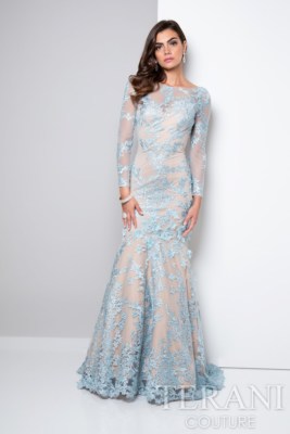   TERANI COUTURE Синее телесное кружевное платье русалки с длинными рукавами и бисером 1711GL3530 16