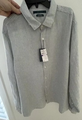 Men s Linen Shirt 2XL Green Stripe Button Up Perry Ellis long  Roll Tab Sleeve