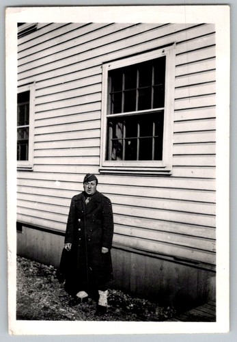 Vtg B&W Snapshot Man In Military Uniform Overcoat Garrison Cap Building 1940s