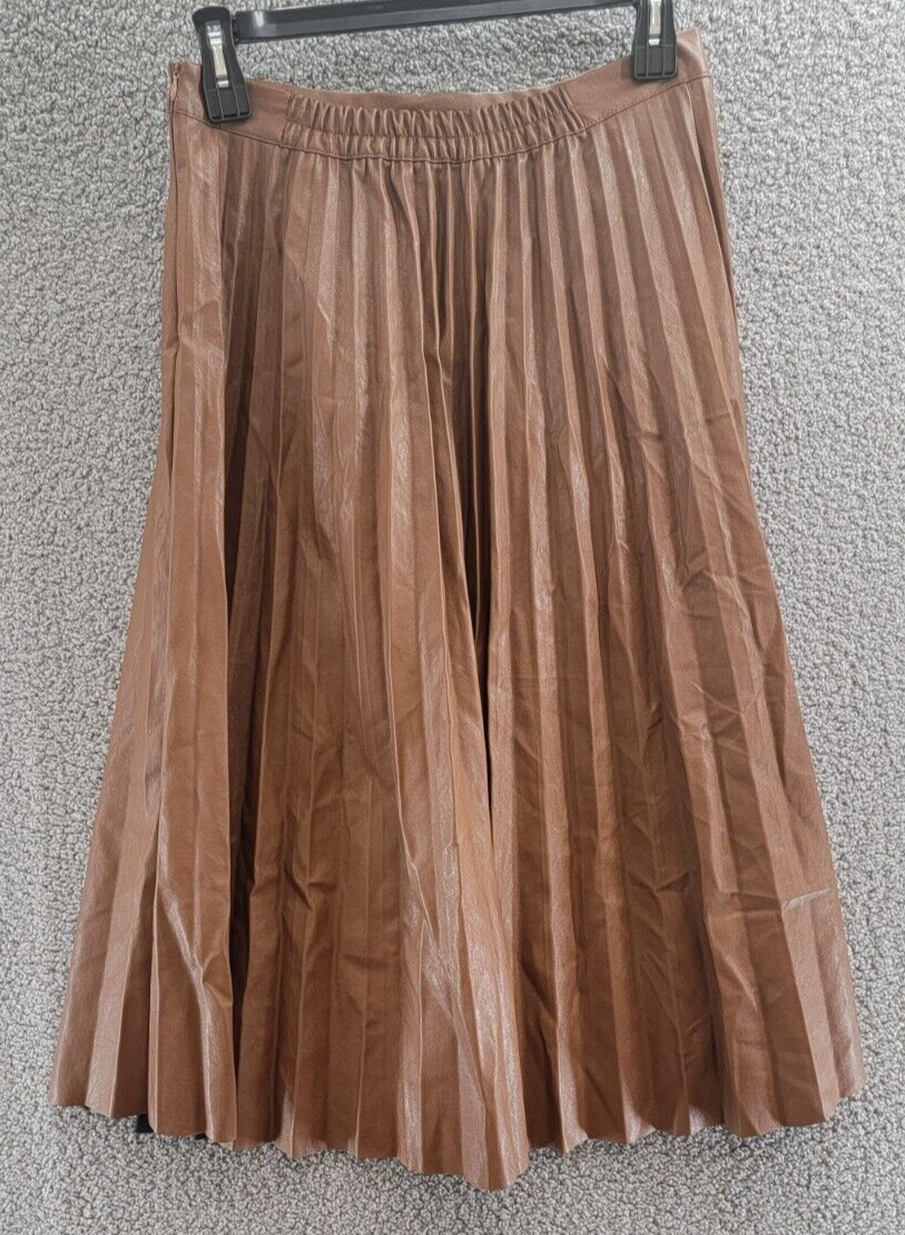 Gracia Faux Leather Long Pleated Skirt Womens XL Brown Elastic Waist Zip Closure - Picture 2 of 15