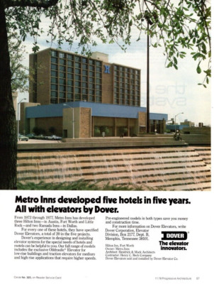 1978 DOVER ELEVATOR PRINT AD, HILTON INN FT. WORTH TX.  CONSTRUCTION PRINT AD