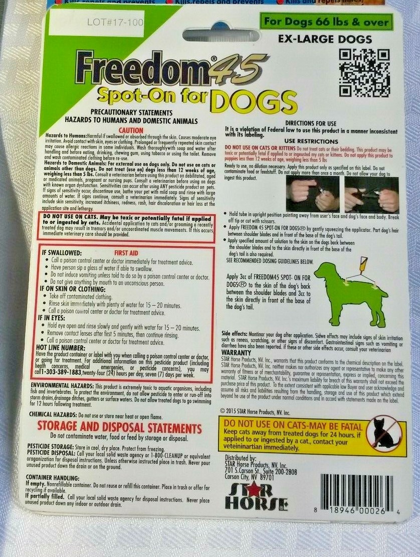 Freedom 45 'Spot on' for extra large dogs 66 lbs.+, 6 mo. supply!