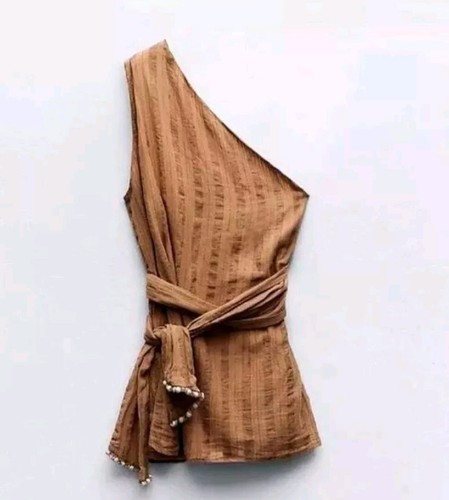ZARA - 専用　ZARA  1点・　ウモア　１本 ZARA One Shoulder Striped Beaded Dress Top Shirt Brown NEW