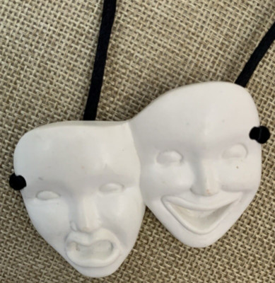 White Comedy Tragedy Pottery Necklace VTG Theater Drama Silk Cord Artisan 32'' L