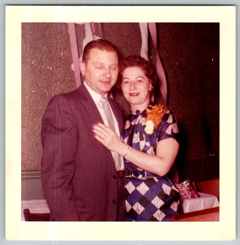Vtg Color Snapshot Couple Man Suit Woman Geometric Dress Corsage 1960s Kodacolor