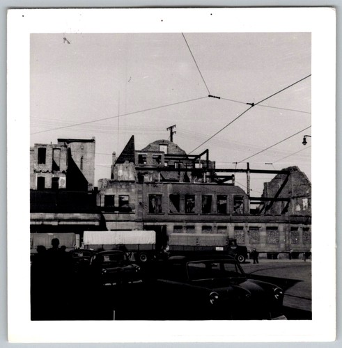 Vtg B&W Snapshot Bombed Out Building Ruins Post-War City Street Scene 1950s