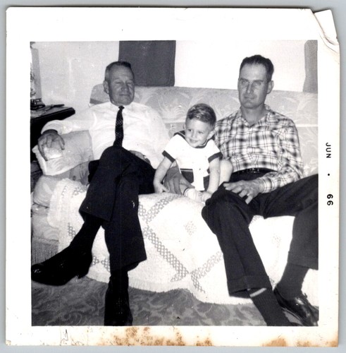 Vtg B&W Snapshot Two Men And Young Boy On Sofa Plaid Shirt Tie Family 1966