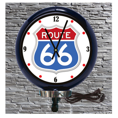 Route 66 RWB Lighted Wall Mount Dark Blue Gas Pump Globe Advertising Wall Clock