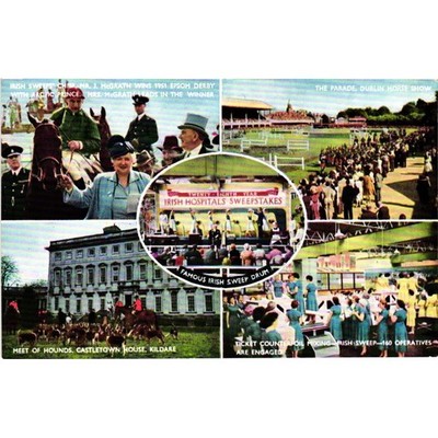 Vintage Irish Hospitals Sweepstakes Postcard 1951 Epsom Derby Horse Show Kildare