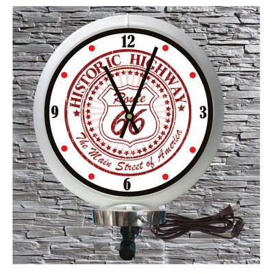 Route 66 Red Lighted Wall Mount White Gas Pump Globe Advertising Clock