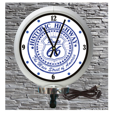 Route 66 Blue Lighted Wall Mount White Gas Pump Globe Advertising Clock