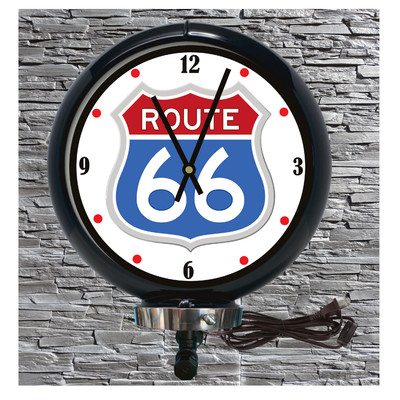 Route 66 RWB Lighted Wall Mount Black Gas Pump Globe Advertising Wall Clock