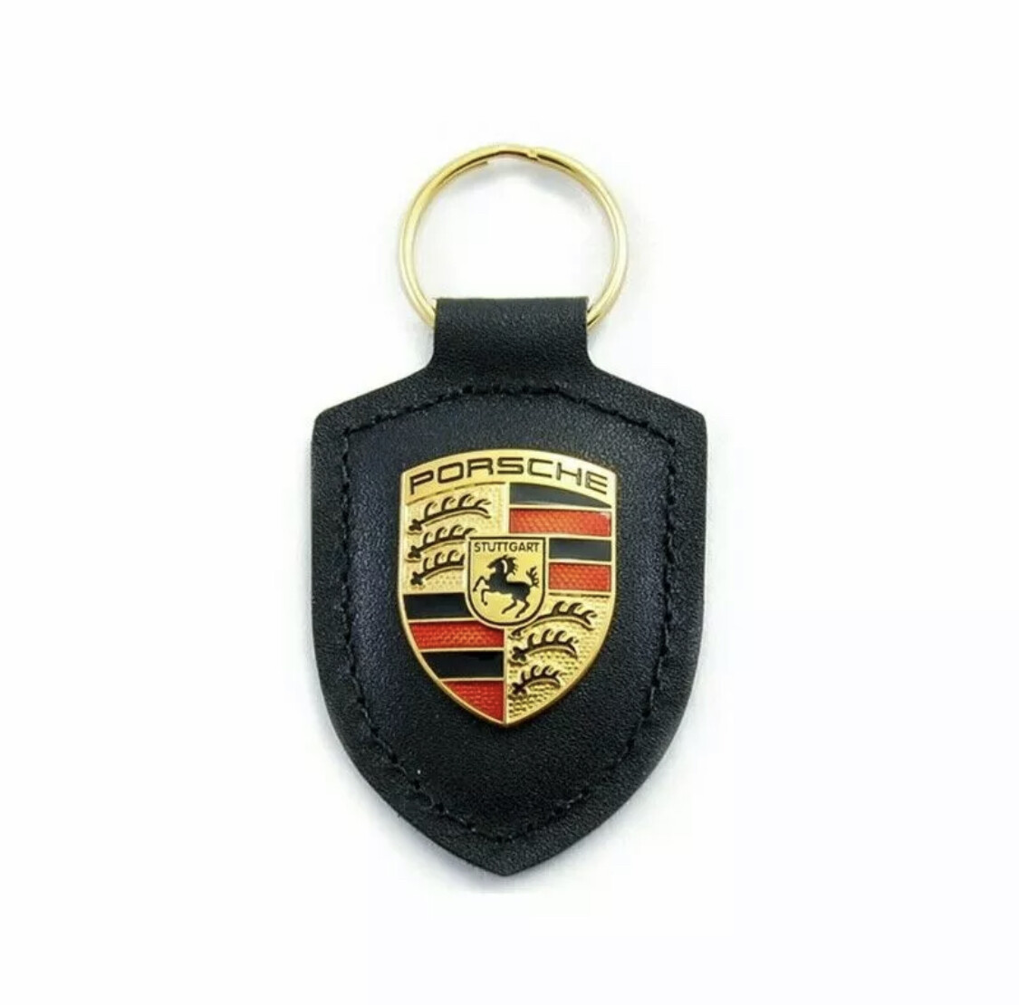 Black Porsche Leather Crest Key Fob Keyring Chain Ring Emblem New In