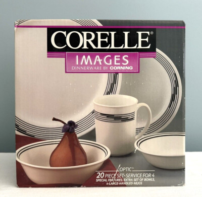NEW Corelle OPTIC 20 Piece Dinnerware Set 4 DINNER PLATES 4 SALAD 8 BOWLS 4 MUGS