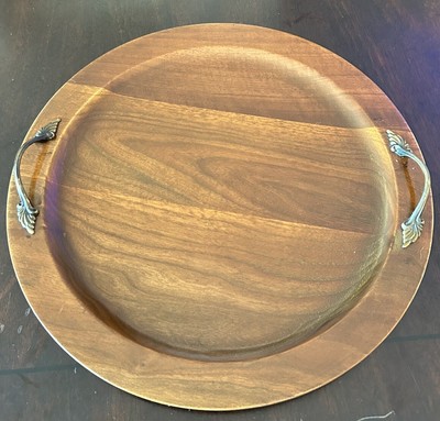 Ozark Black Walnut Round Wood Serving Tray The Carousel Metal Handles 14.25 
