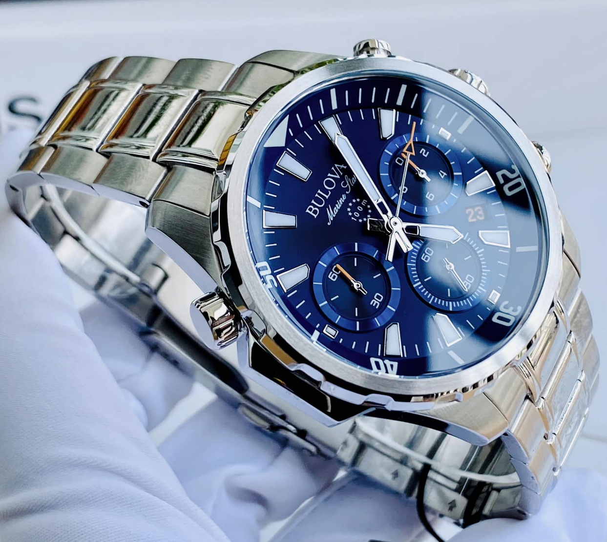 Pre-owned Bulova Marine Star Blue Dial Silver Tone Stainless Steel Men's Watch 96b256