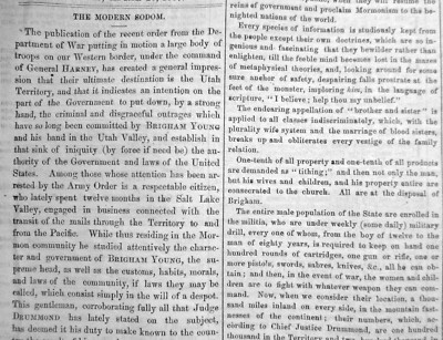 MORMONISM - THE MODERN SODOM - THEIR HATRED OF AMERICA -TEACHINGS 1857 NEWSPAPER