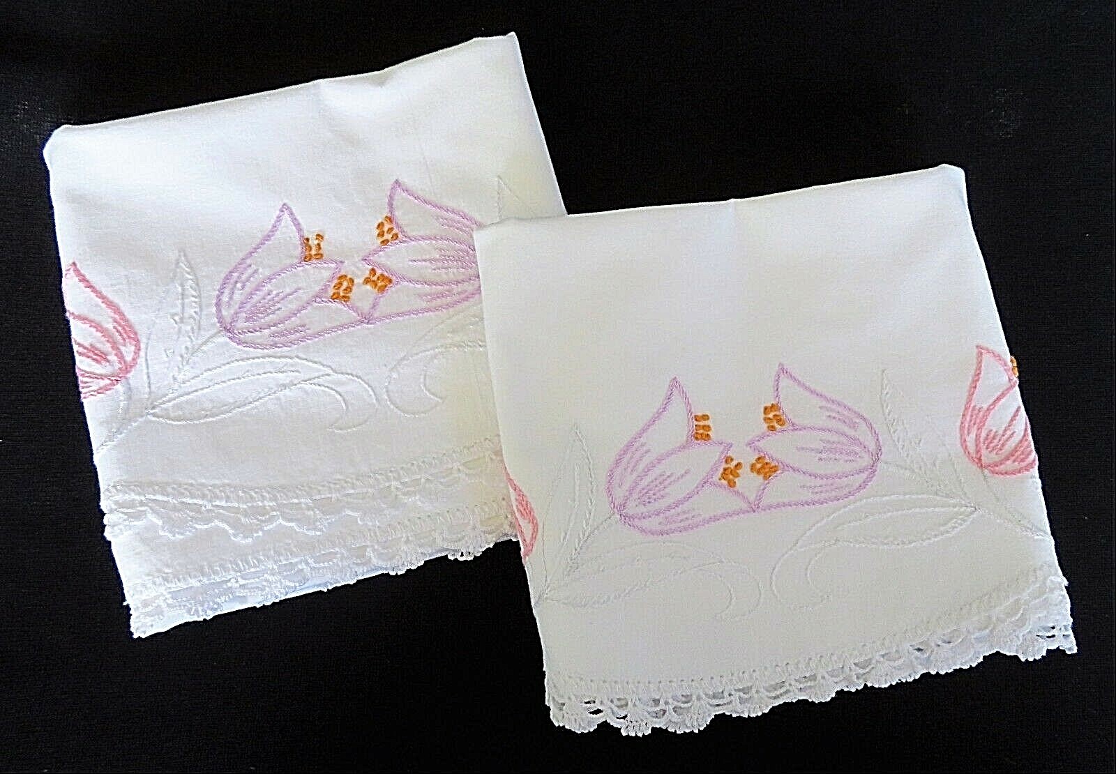 PAIR  Vintage Pillowcases Embroidered Flowers Crochet Edge Bridal Gift