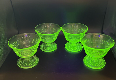 Vintage Anchor Hocking Roulette Uranium Glass Sherbet Dessert Cups - Set of 4