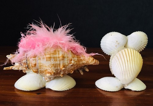 Vintage Folk Art Sea Shell Figure Lot Owl & Clown Googly Eyes