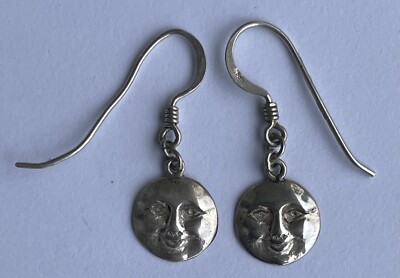 Vintage 925 Sterling Silver Moon Face Dangle Drop Earrings 1.4g 1 1/8  Long