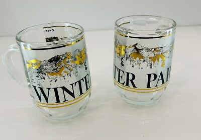 2 WINTER PARK GLASS COFFEE MUGS TEA CUPS MOUNTAIN VINTAGE