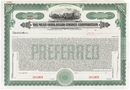 The West India Sugar Finance Corporation. Stock Certificate