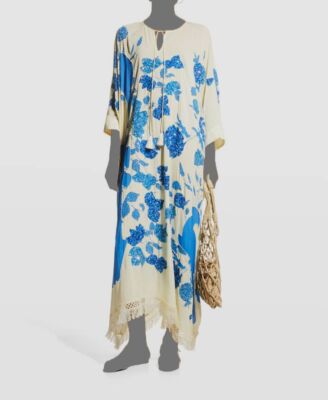 $1200 Verandah Women's Yellow Beaded Frayed Mono Panel Kaftan Dress Size OS