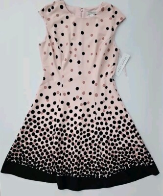 London Style Fit & Flare Dress Size 8 Pink W/ Black Polka Dot NWT