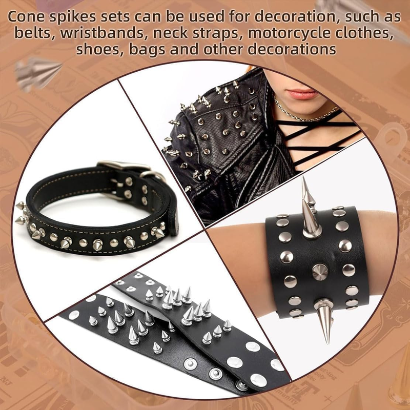 Punk Spikes and Studs Kit – 80 Sets with 4 Unique Styles, Silver Metal Cone Rive