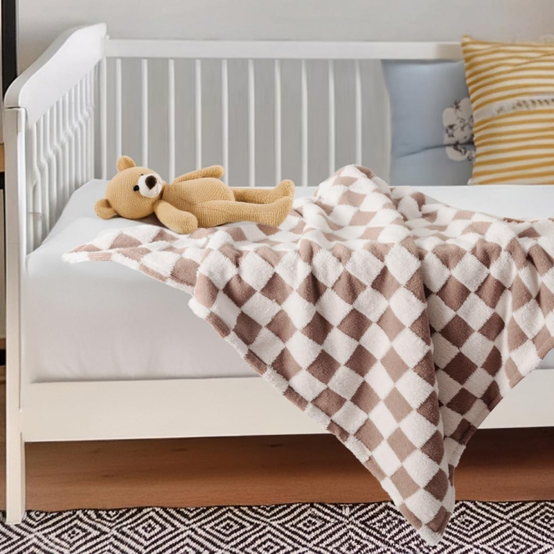Checkered Baby Blanket Neutral Ultra Soft Baby Blanket Fuzzy Cozy Baby Blankets