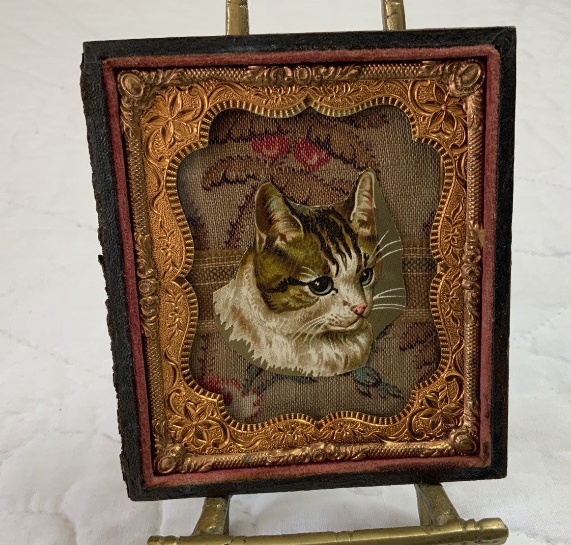 Vintage Antique Victorian Die Cut Ephemera Framed, Half Union Case, Kitty Cat