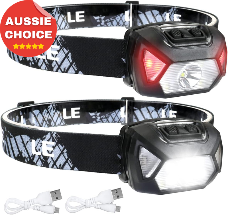 Bright Waterproof Rechargeable LED Head Torch 6 Modes Long Runtime 2 Pack