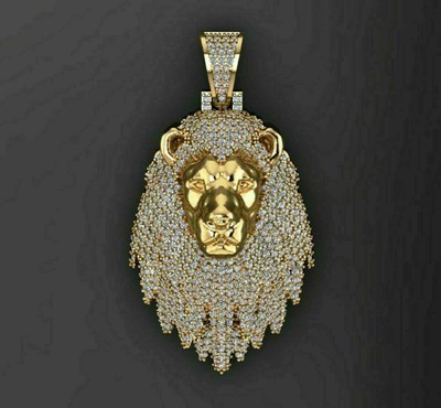 SKYHIGH JEWELRY 3CT ROUND CUT DIAMOND LION FACE KING MEN'S PENDANT 14K YELLOW GOLD OVER