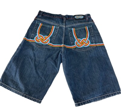 Evolution By Design Shorts Sz 32 Blue Denim Jorts Hip Hop Baggy Embroidered Mens