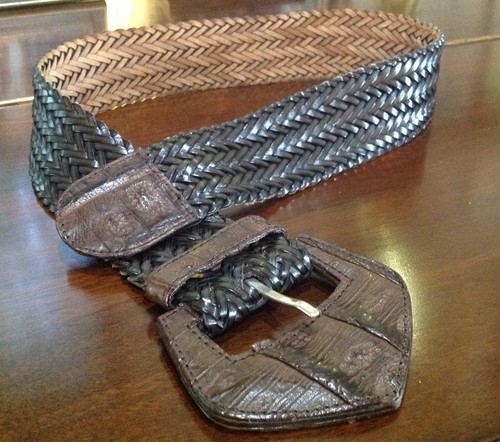 Vtg LASSO France Wide Belt Woven Braided Brown Leather Genuine Alligator Buckle