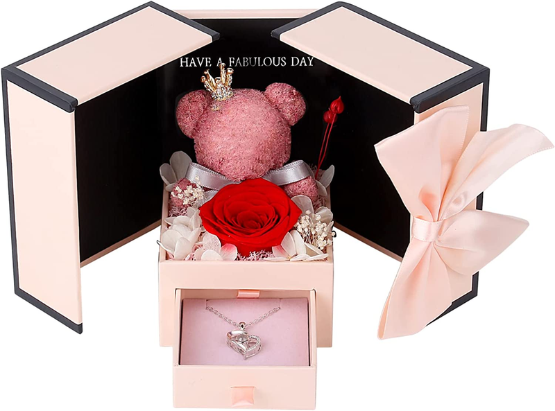 Preserved Flowers Moss Bear Rose Gift Box with I Love You Necklace, Gifts for Mo