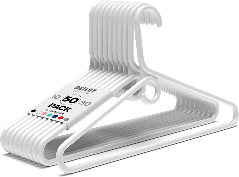 ™ White Heavy Duty Hangers with Hooks for Scarves & Belts – Thick and Strong Clothes Hangers for Shirts, Jackets, Pants, and Dresses – Space-Saving Plastic Hangers – Pack of 50