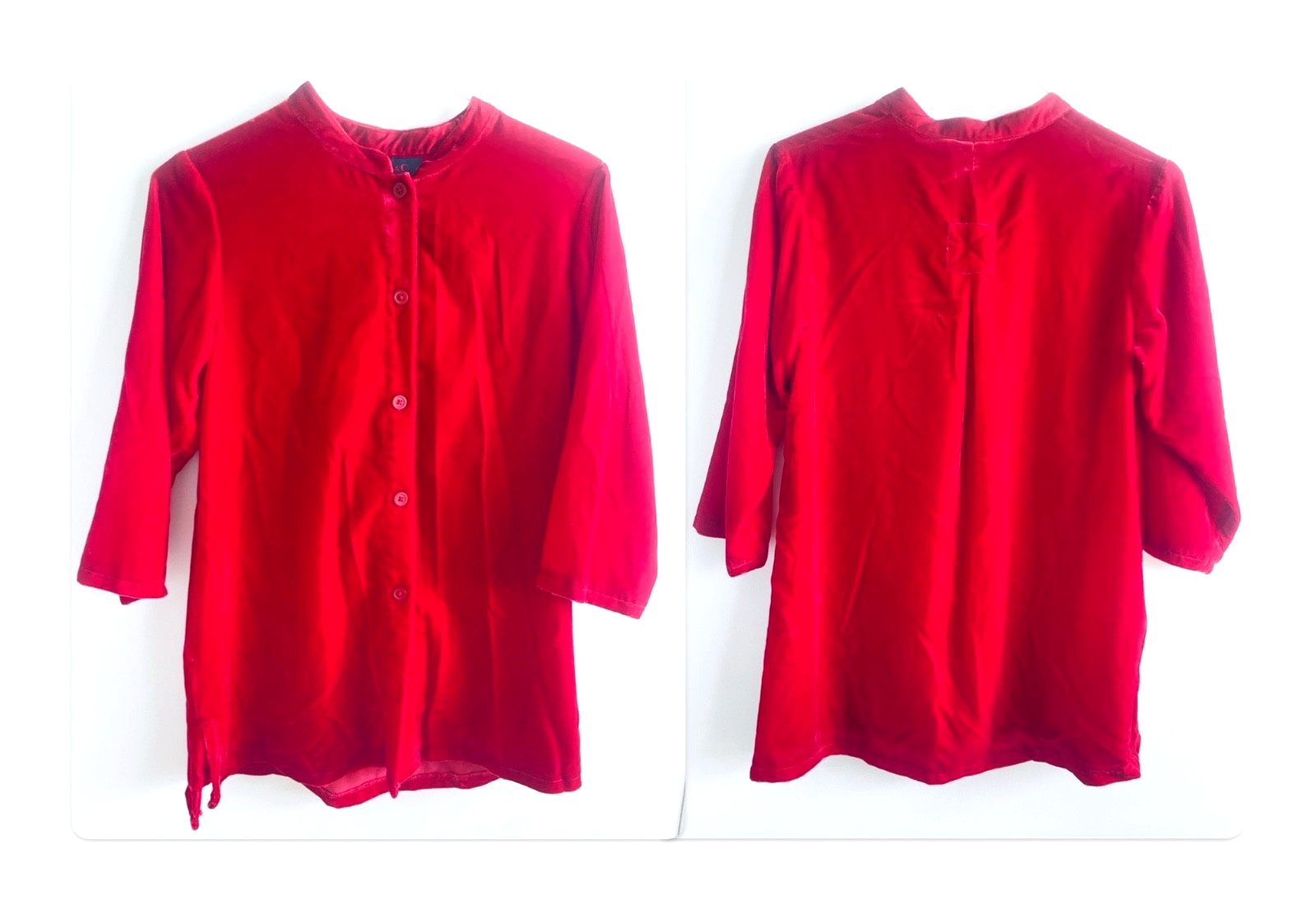 Denim & Co Red Velvet Tunic Top M Button Down 3/4 Sleeve Mandarin Collar
