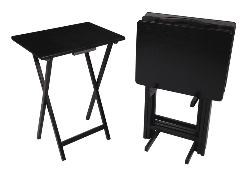 4-Piece Black Rubberwood Indoor Folding TV Tray Table Set with...