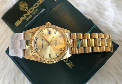 Sandoz Automatic Day Date Gold dial Stainless Steel President's Homage Watch
