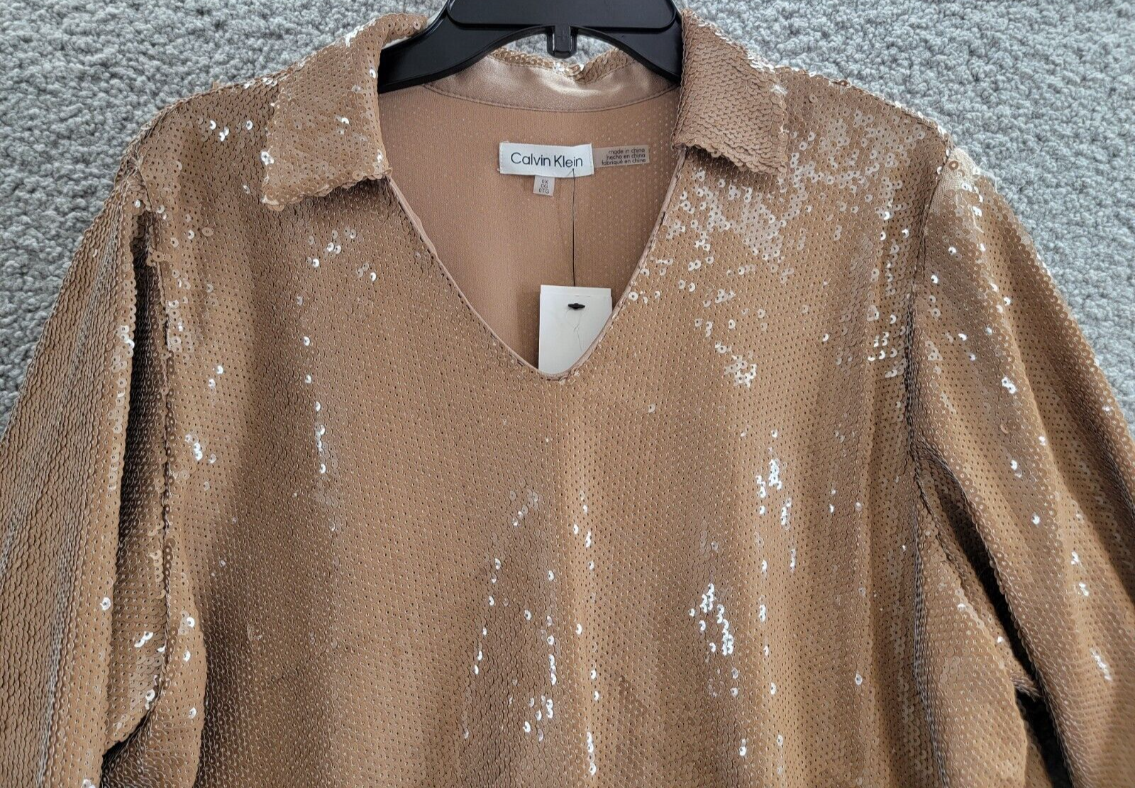 Calvin Klein Plus Size Sequined Split-Collar Top Women's 0X Luggage Long Sleeve - Picture 3 of 20