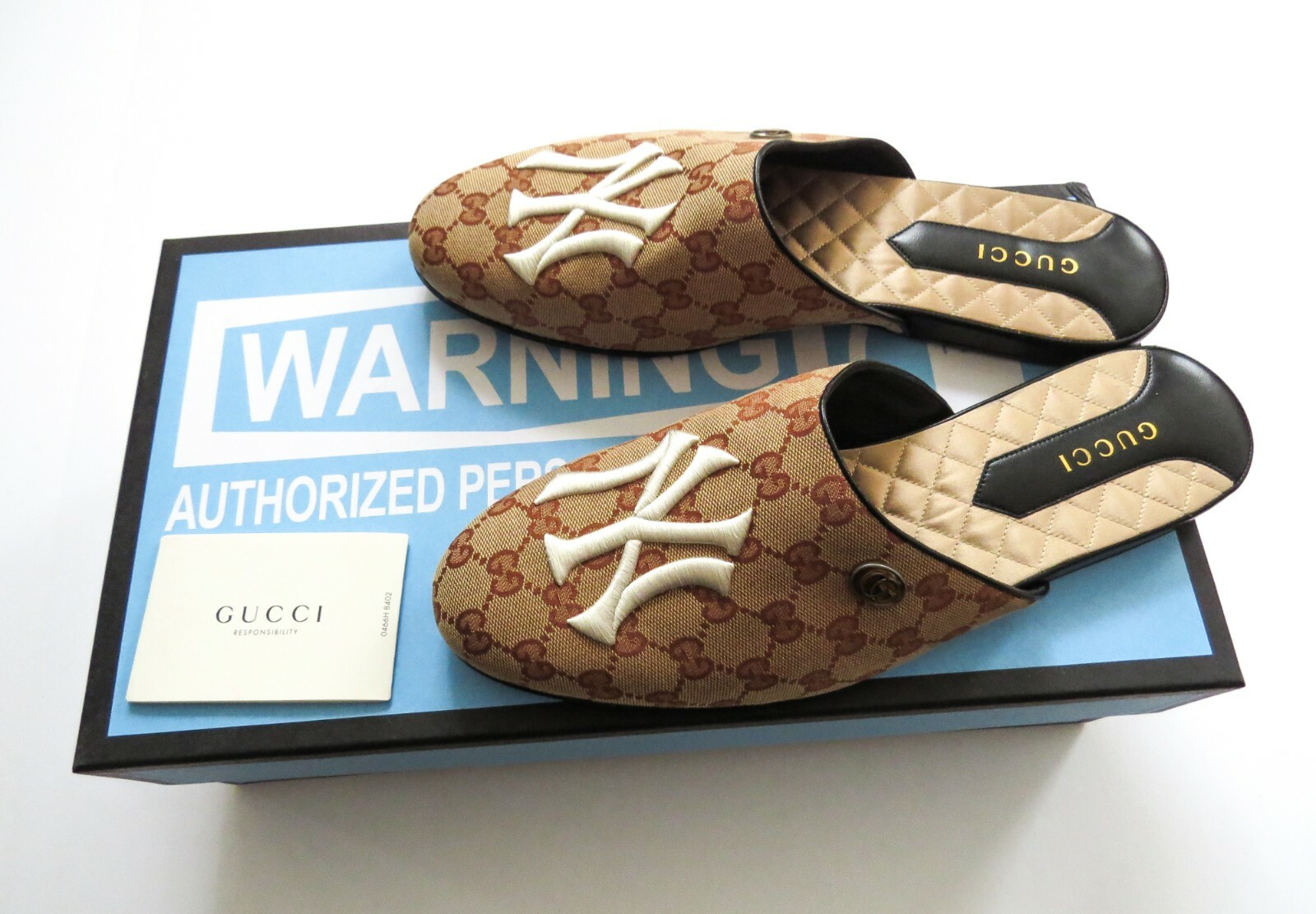 Pre-owned Gucci Gg Monogram York Yankees Slides Slipper Shoes 8 Us 41 Eu 7 Uk In Beige
