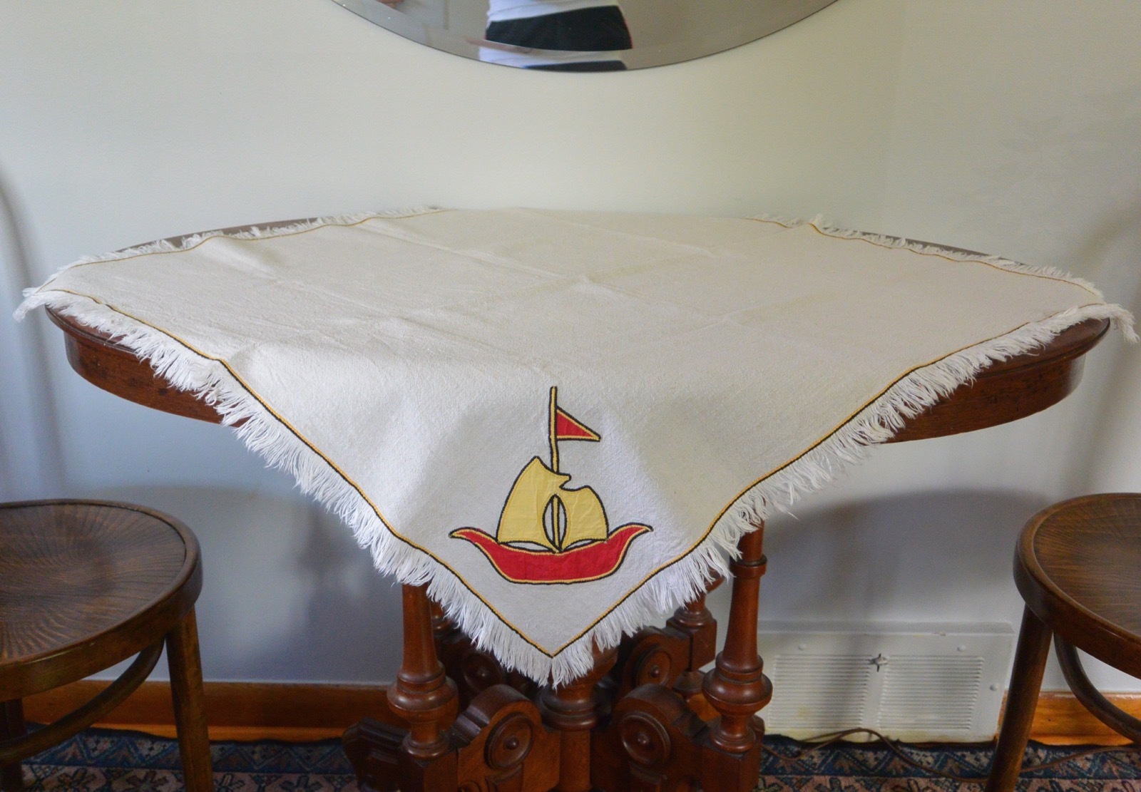 Vtg Small NAUTICAL Linen Sailboat Tablecloth Red & Yellow Sailing 30” Square EUC