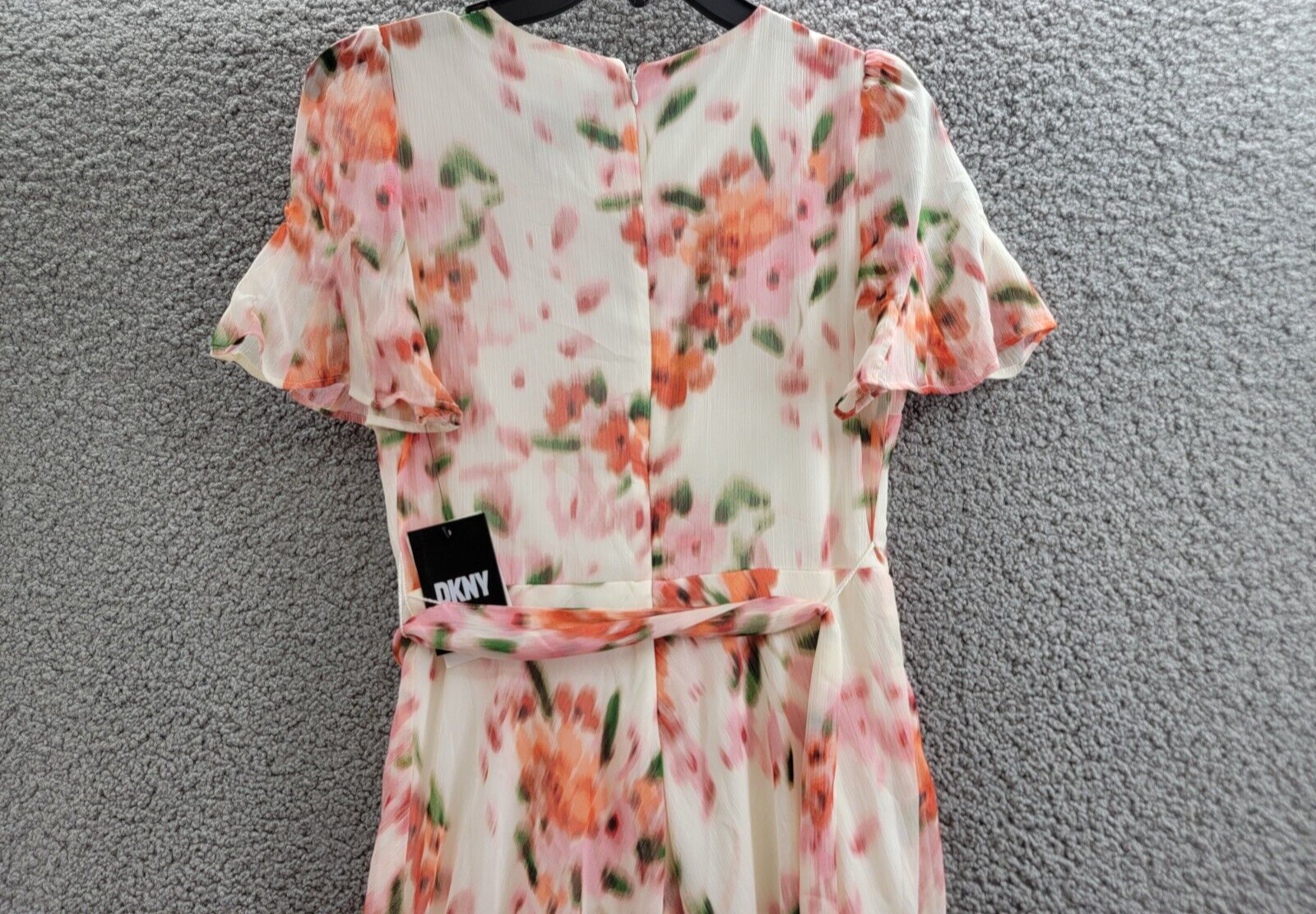 DKNY Printed Flutter-Sleeve Tie-Waist Dress Women's 2 Multicolor Back Zip S/S - Picture 11 of 17