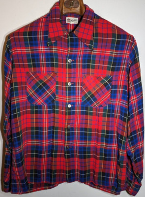 Vintage Manhattan Plaid Flannel Shirt Long Sleeve Loud Rockabilly
