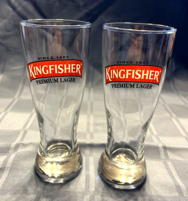 Kingfisher Lager Beer, Tall Pint Glasses, India, New Old Stock, Set of 2