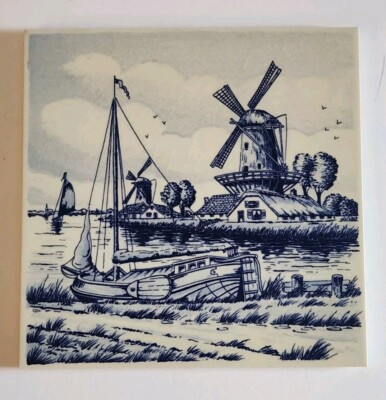 Delft Windmill River Boat Landscape Blue Dutch Tile Trivet 6''
